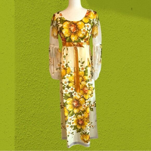 60s vintage Nu-Mode chiffon empire waist gown floral - Picture 1 of 16